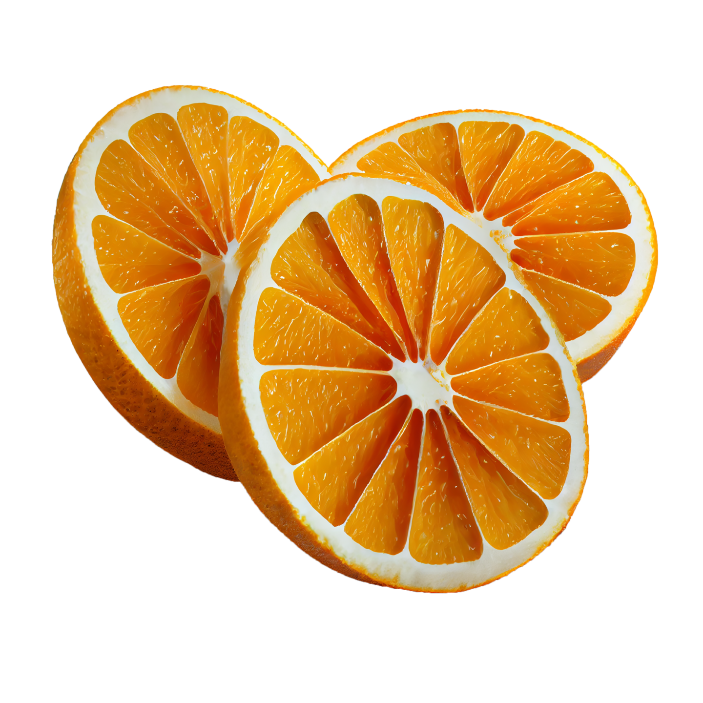 two oranges cut in half on a white background