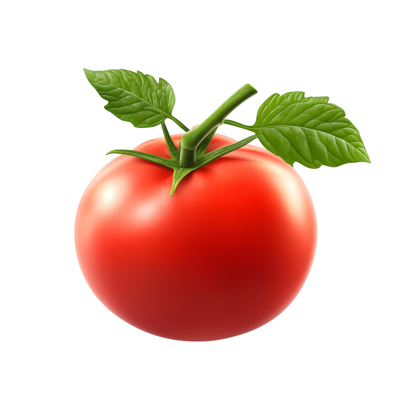 a red tomato with green leaves on it