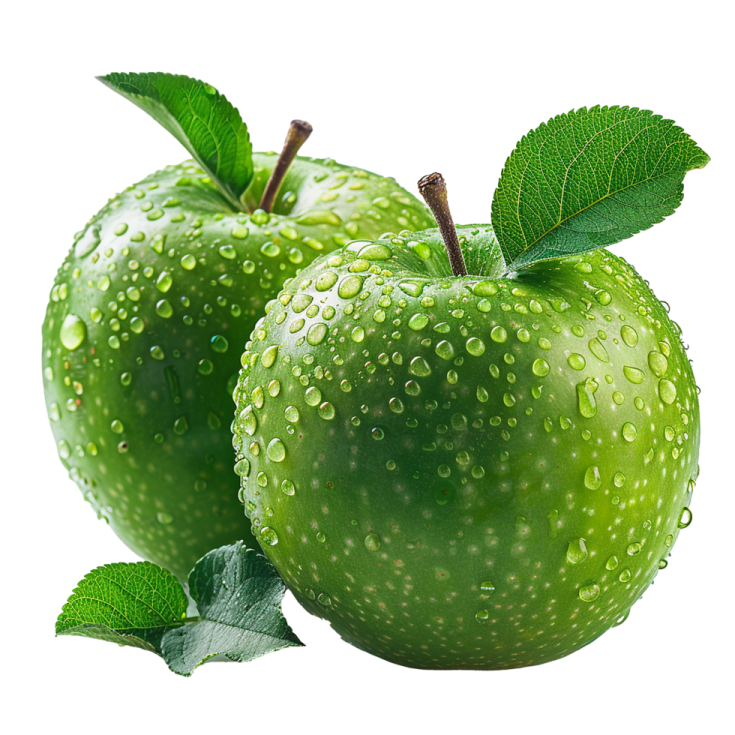 two green apples with water drops on them