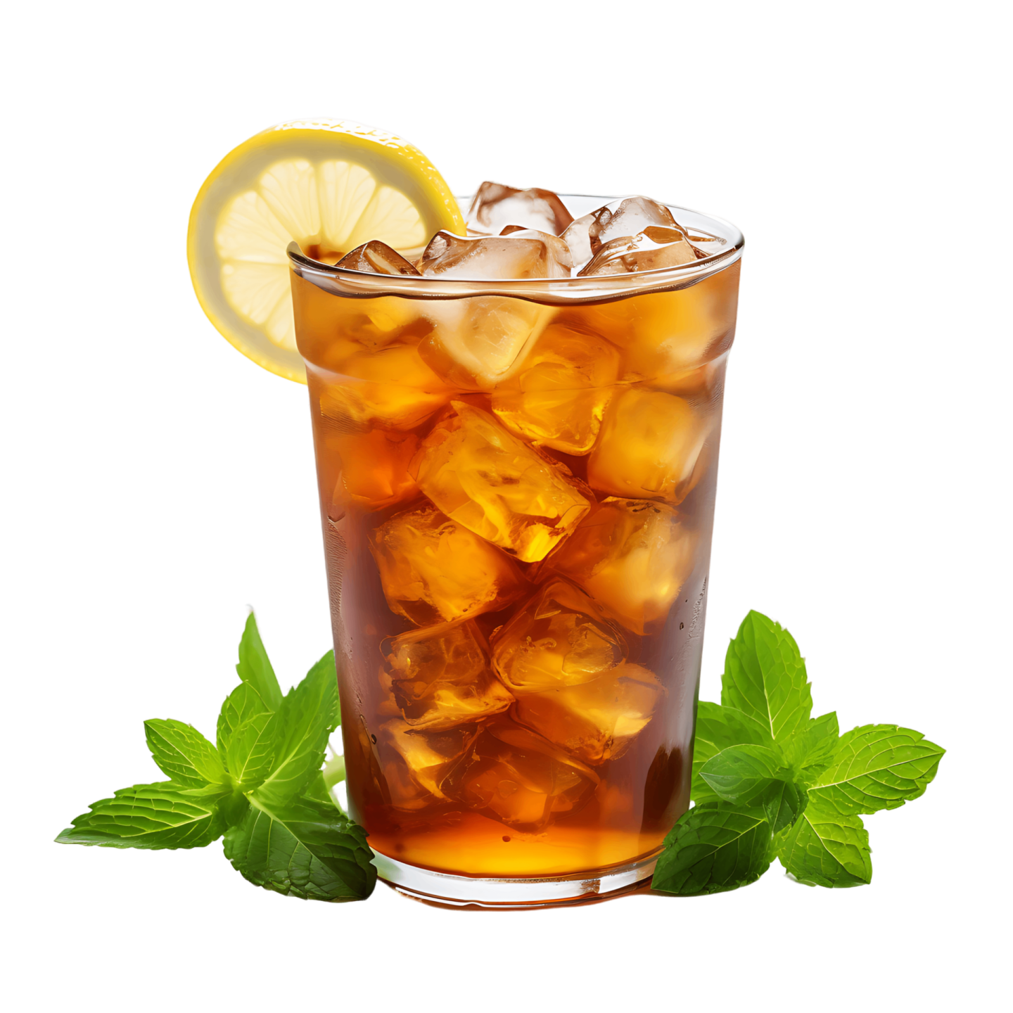 a glass filled with ice and a lemon slice