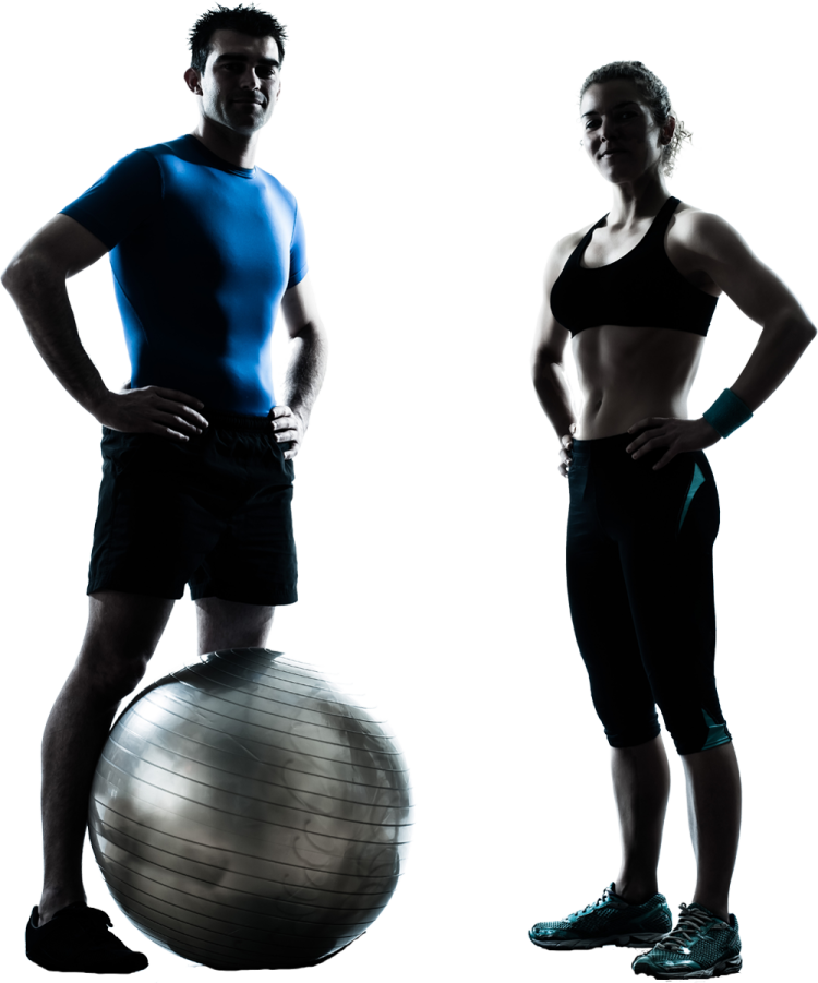 a man and woman standing next to an exercise ball