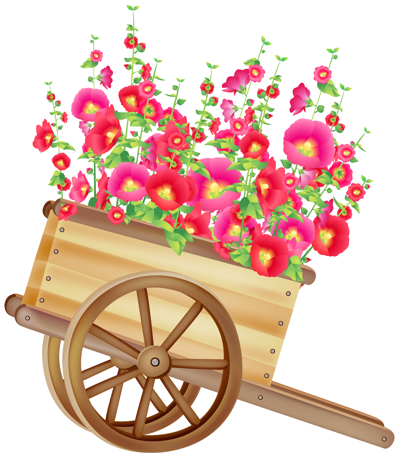 a wooden wheel with flowers in it