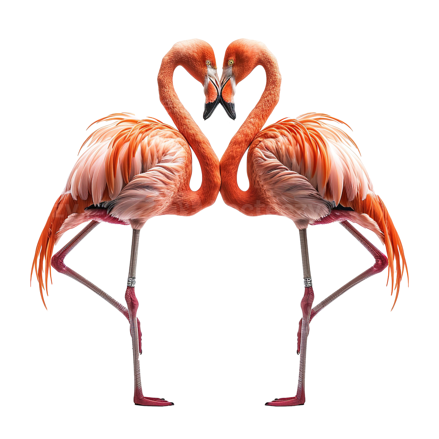 two flamingos standing in the shape of a heart
