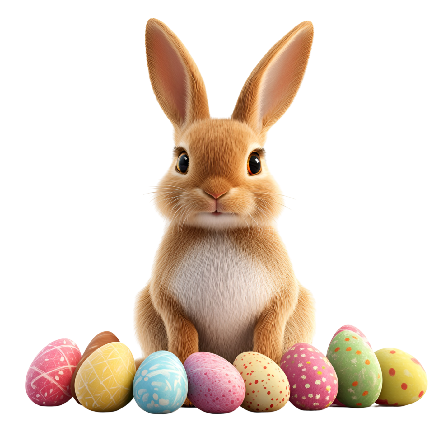 a rabbit sitting in front of easter eggs