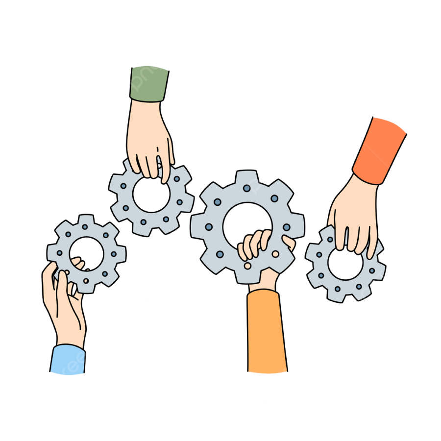 a group of hands holding gears