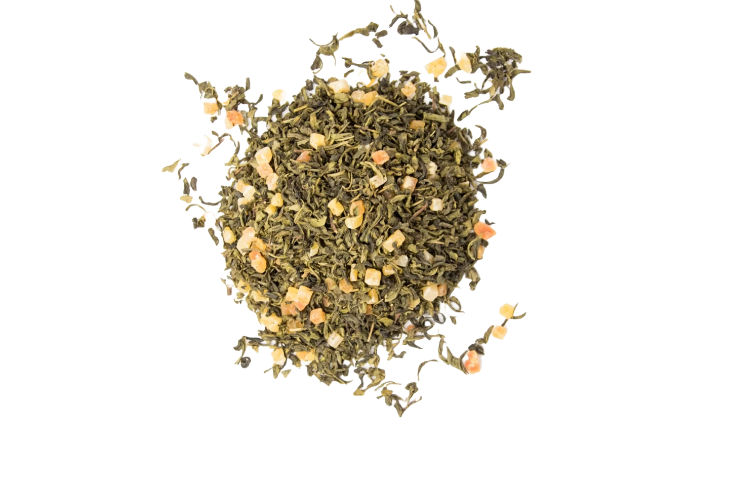 a pile of green tea on a white background