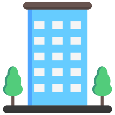 a tall building with trees in front