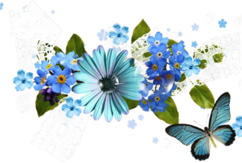 blue flowers and butterflies on a white background