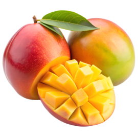 two mangos and a piece of mango on a white background