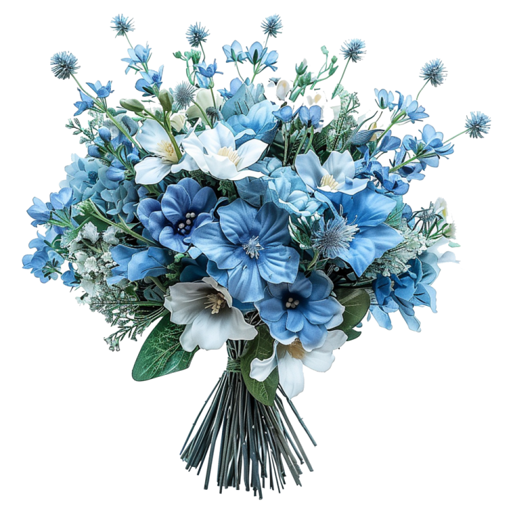 a bouquet of blue and white flowers