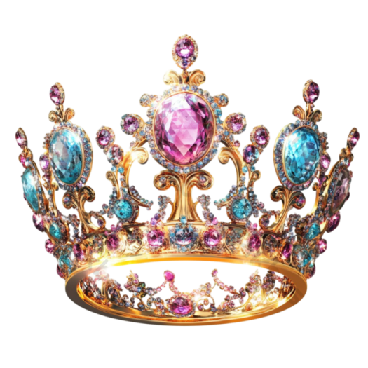 a gold crown with pink and blue crystals