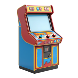 an arcade machine with a red and blue cabinet