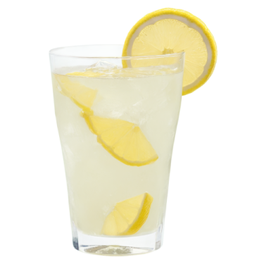 a glass filled with ice and lemon slices