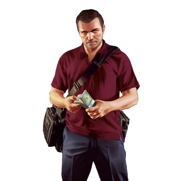 a man in a maroon shirt and black pants holding a bag of money