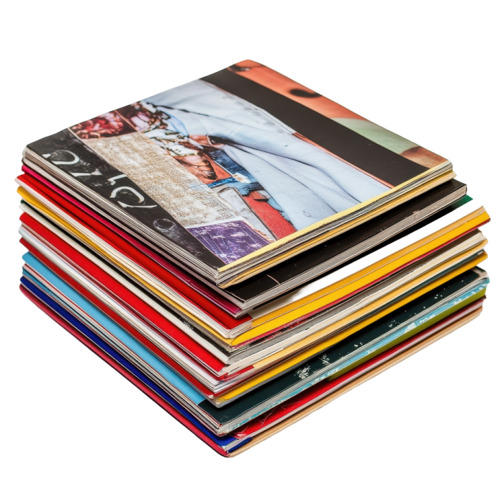 a stack of magazines on a white background