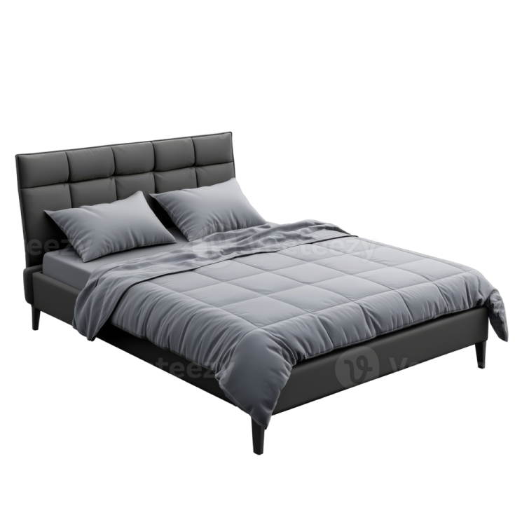 a bed with grey sheets and pillows on it