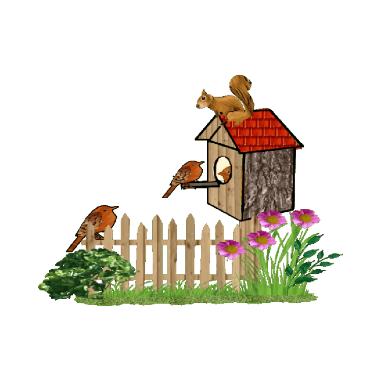 an illustration of a bird house with a squirrel on the roof