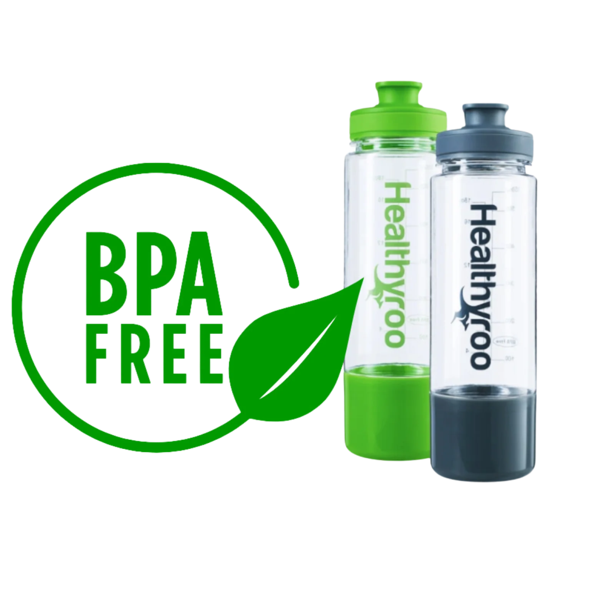 a water bottle with a green lid and a black cap