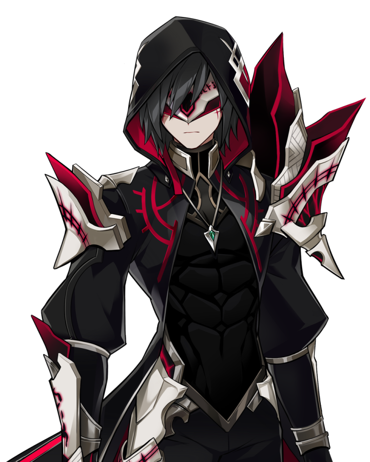 an anime character with black hair and red eyes, standing on a white background
