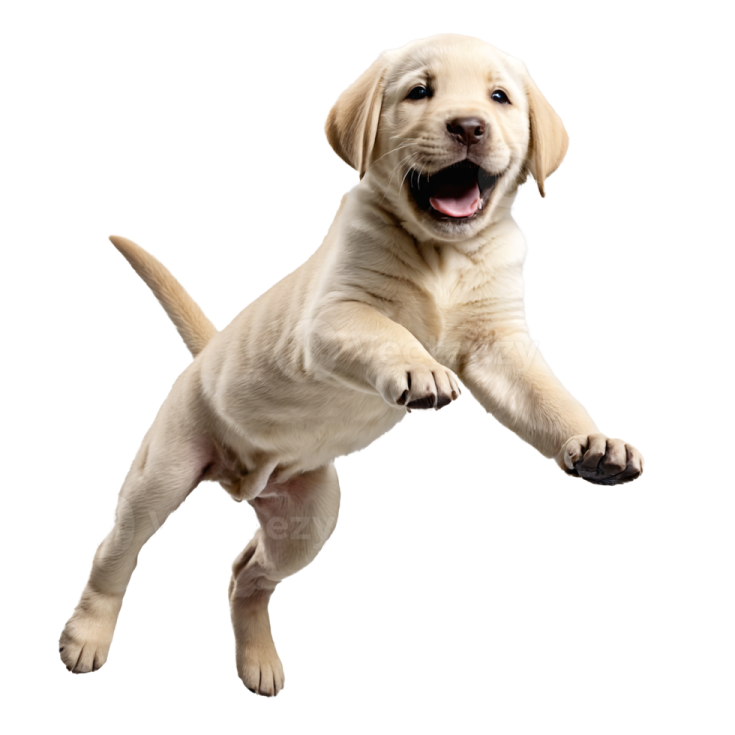 a yellow labrador puppy jumping in the air