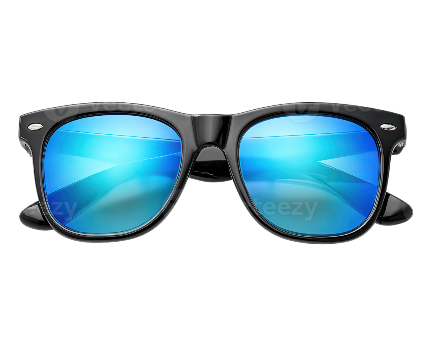 a pair of black sunglasses with blue mirrored lenses