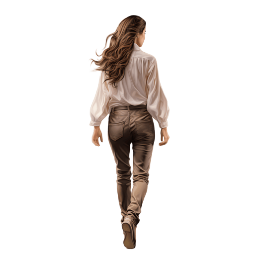 a woman in a white shirt and brown pants