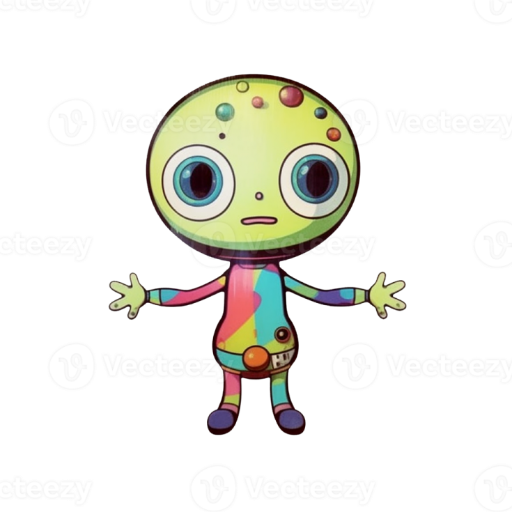 a cartoon character with green hair and blue eyes