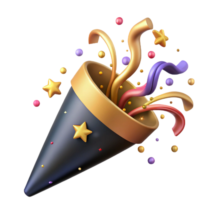 a party hat with colorful streams and stars