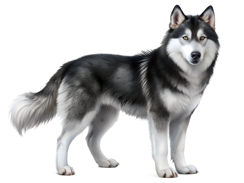 a black and white dog standing in front of a white background