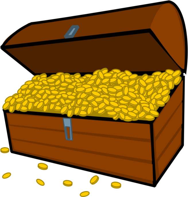 a wooden box filled with gold coins