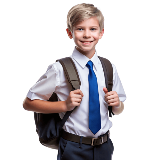 a young boy wearing a blue tie and suspends