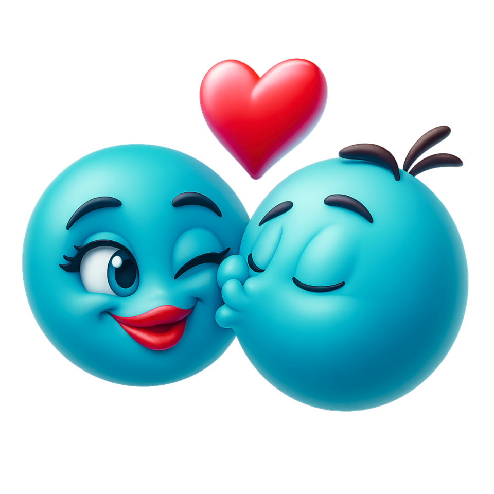 two blue birds kissing with a red heart