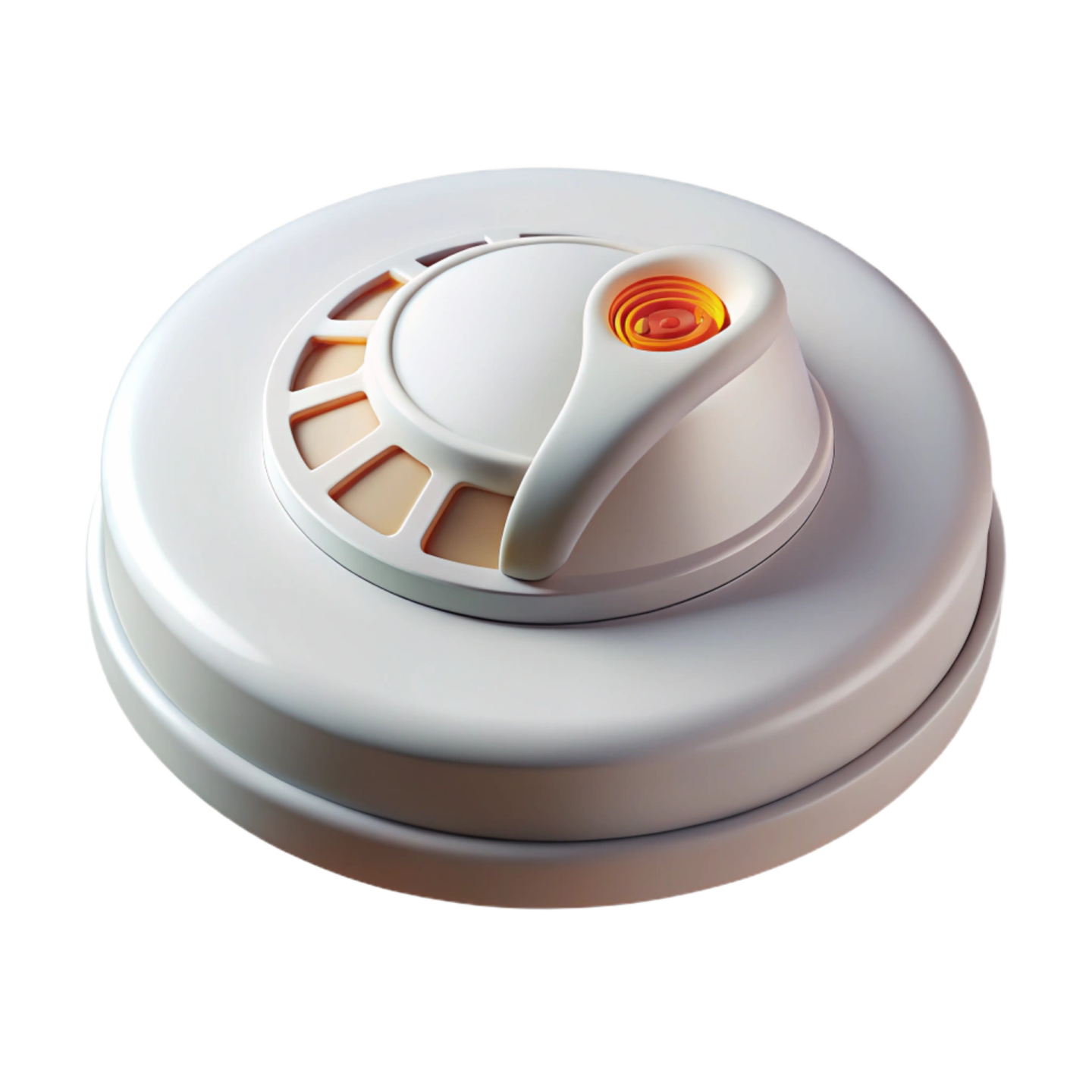 a white smoke detector with an orange flame
