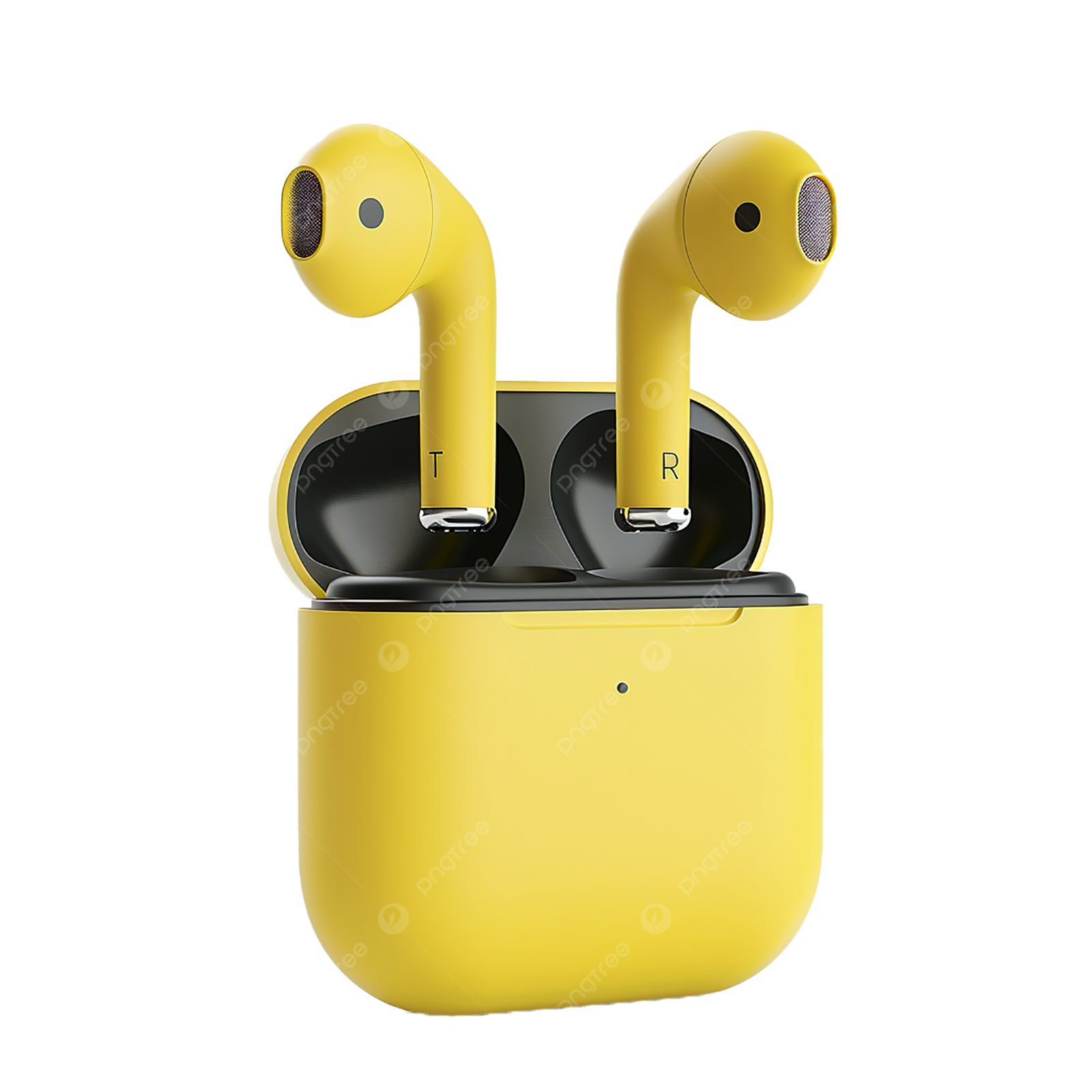 a pair of yellow airpodss on white background