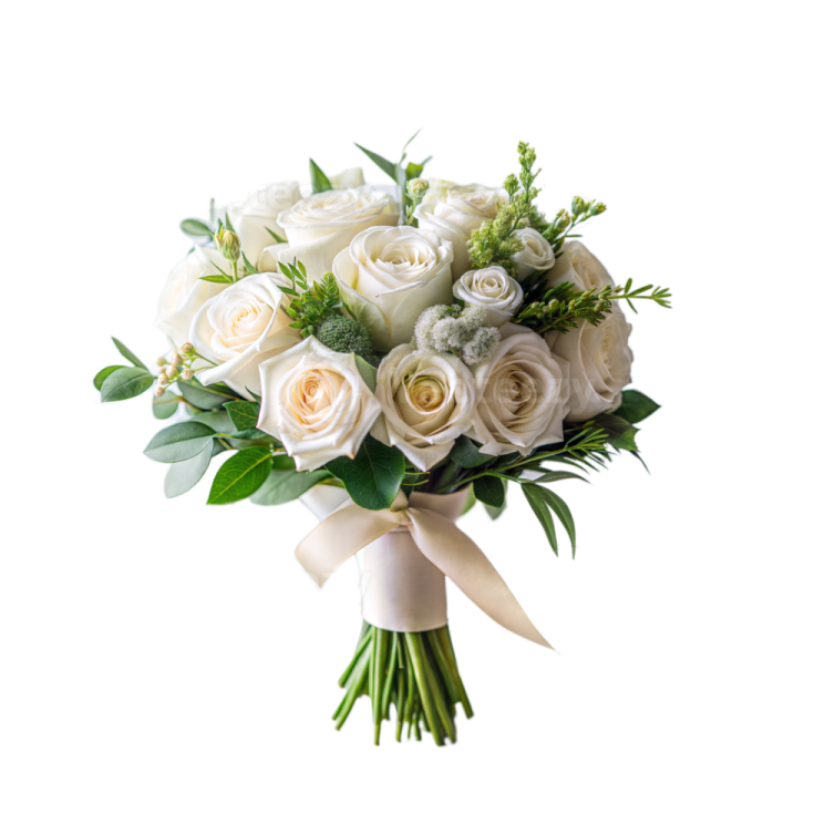 a bouquet of white roses and greene