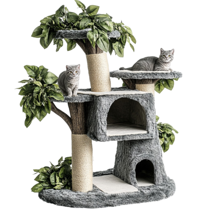 a cat tree with two cats in it
