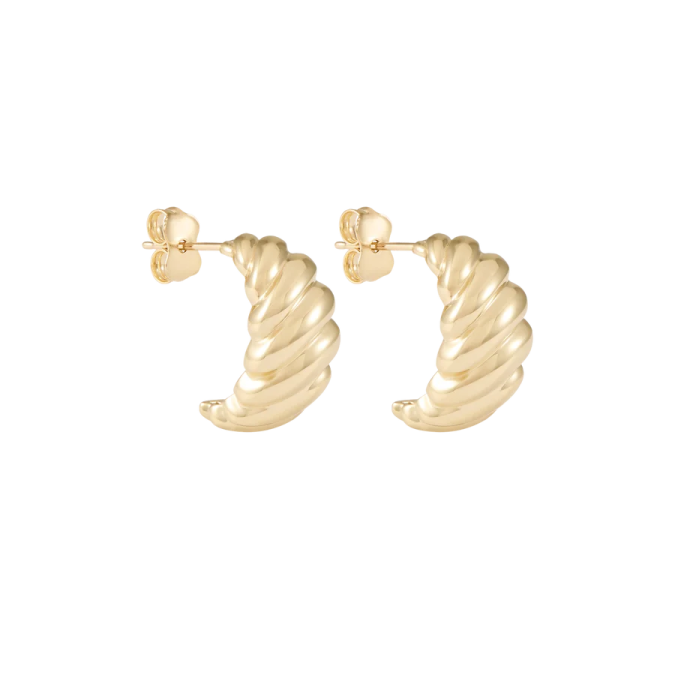 a pair of gold earrings on a white background