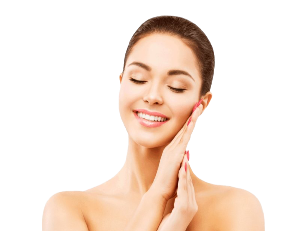 a woman smiling and touching her face with her hands