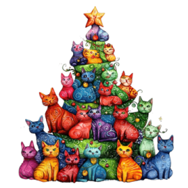 a christmas tree with many cats around it