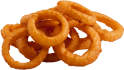 a pile of onion rings on a white background