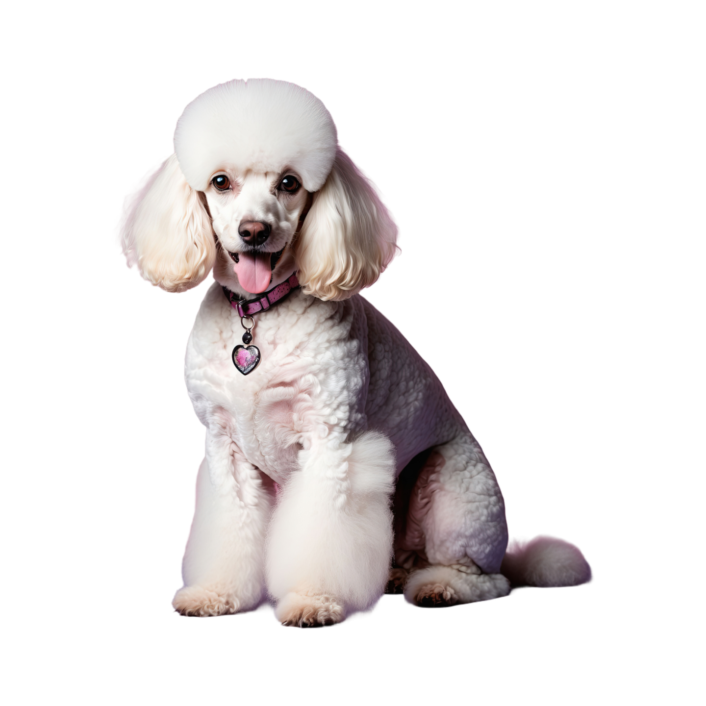 a small white dog sitting down with its tongue out