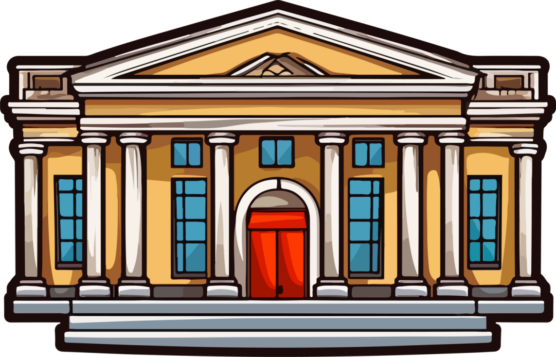 a building with columns and a red door