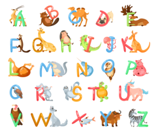 a set of alphabets with different animals