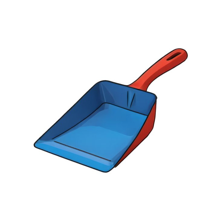 a blue dust pan with a red handle