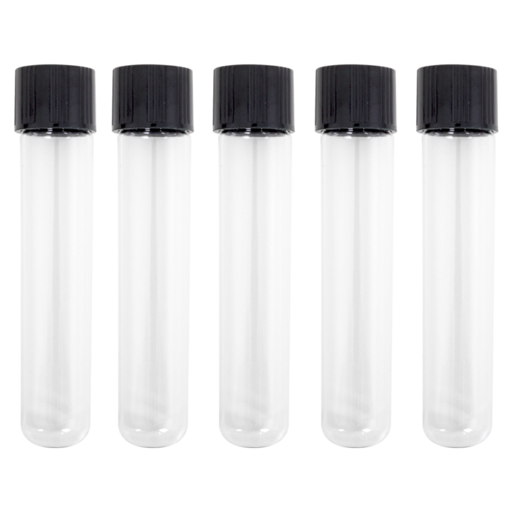 a set of three clear bottles with black caps