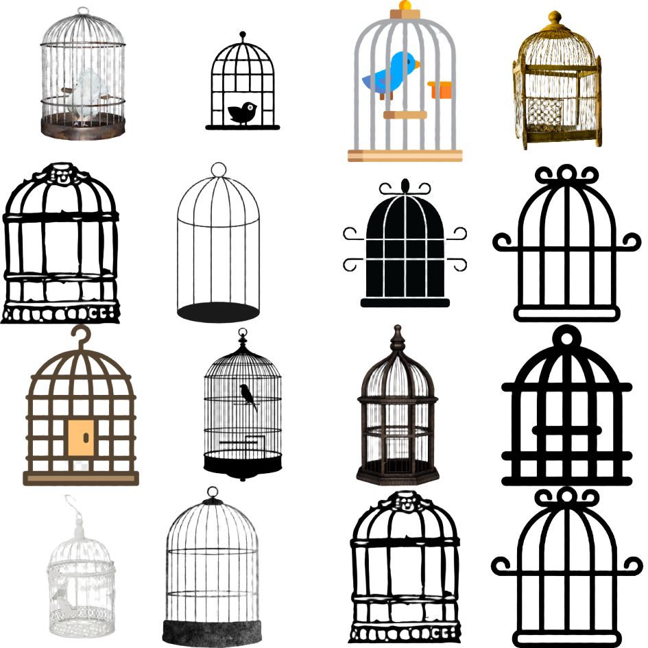 a set of bird cages on transparent background