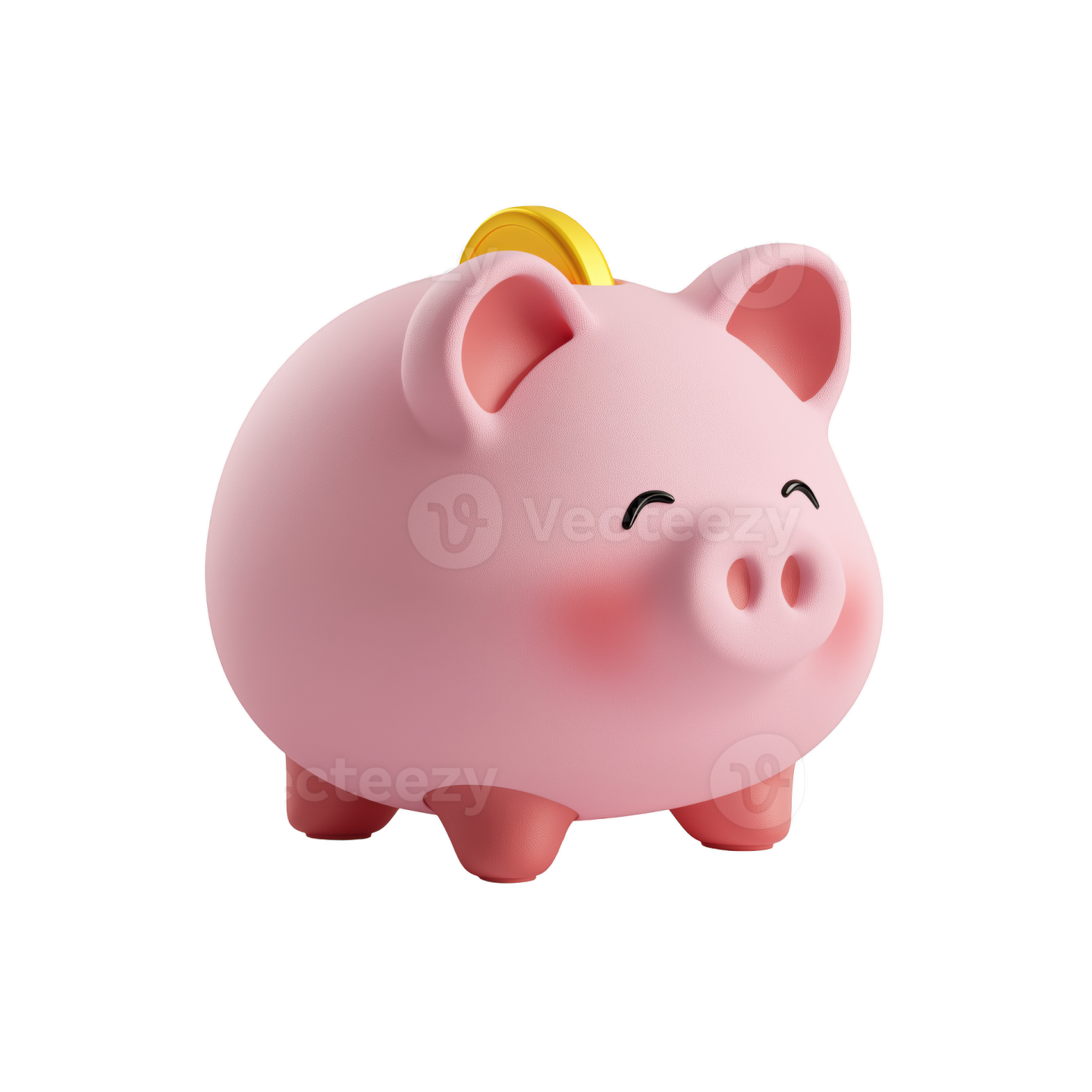 a pink pig with a gold coin in its mouth