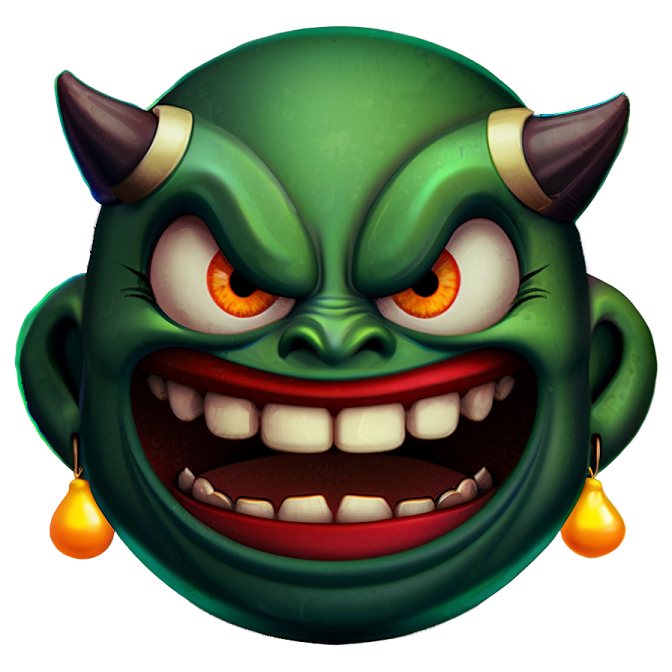 a green monster with horns and orange eyes