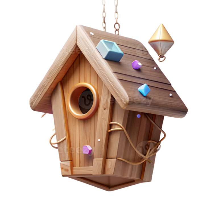 a wooden birdhouse hanging on a chain
