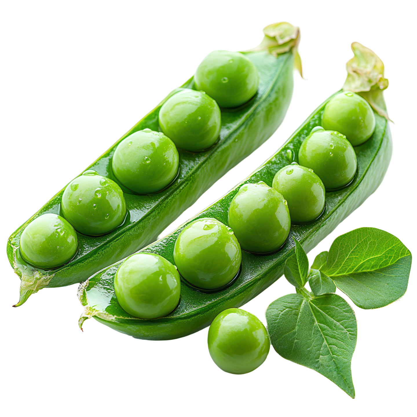 green peas with leaves on white background